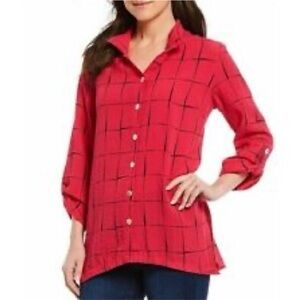 John Mark Red Black Grid Windowpane Tunic Blouse XL